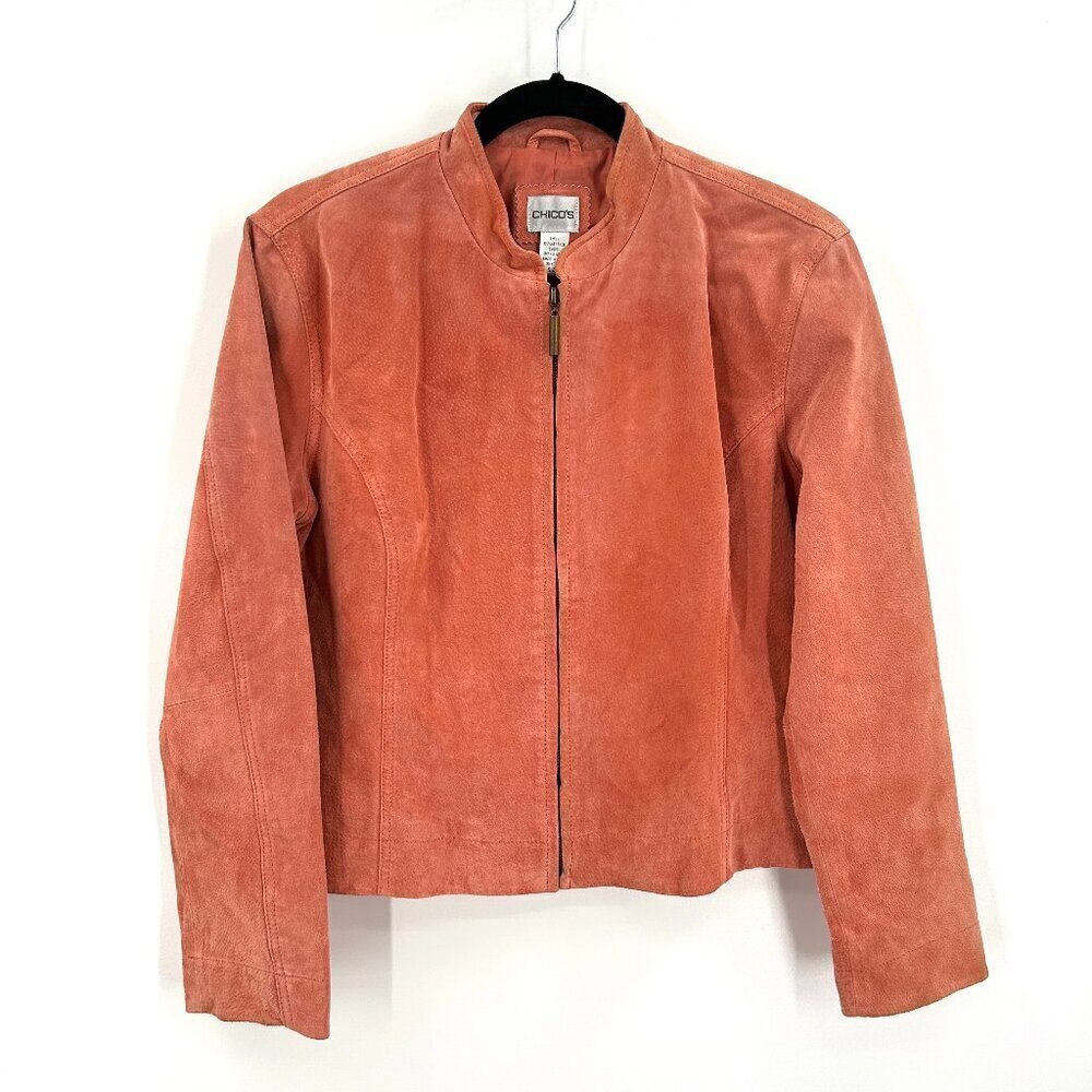 CHICO'S Dusty Blush Pink 100% Leather Suede Full Zip Up Moto Jacket Size Small